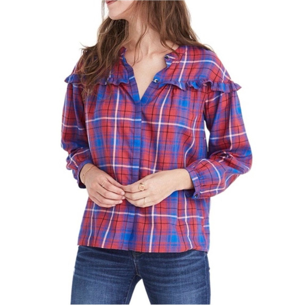 MADEWELL Shirred Plaid Ruffle Long Sleeve Button Up Top Red Blue Holiday LARGE